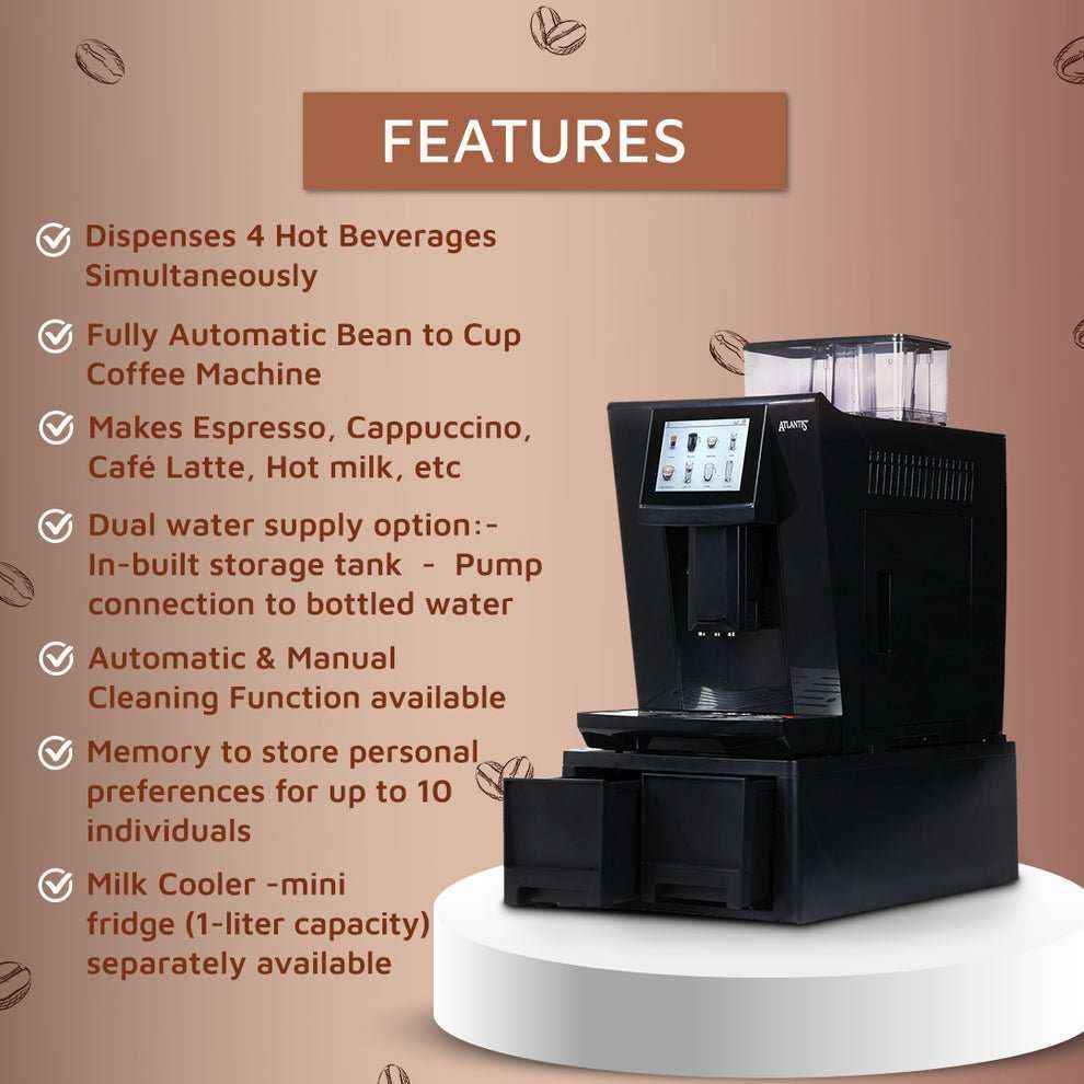 Fully automatic coffee machine with fresh milk featuring touchscreen and multi-beverage dispensing options