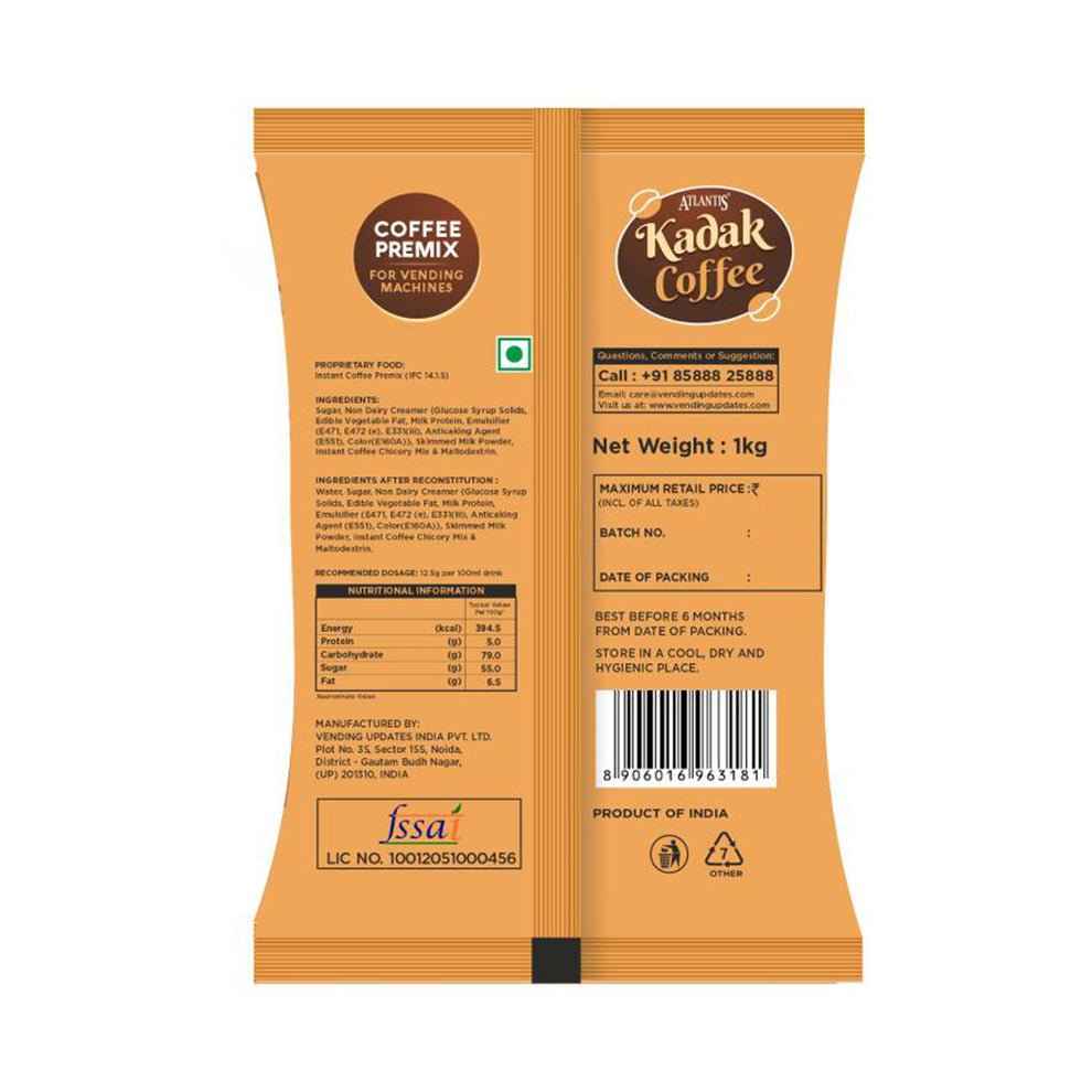 Kadak 3-in-1 coffee premix pack by Tea coffee vending service, 1kg sachet for vending machines
