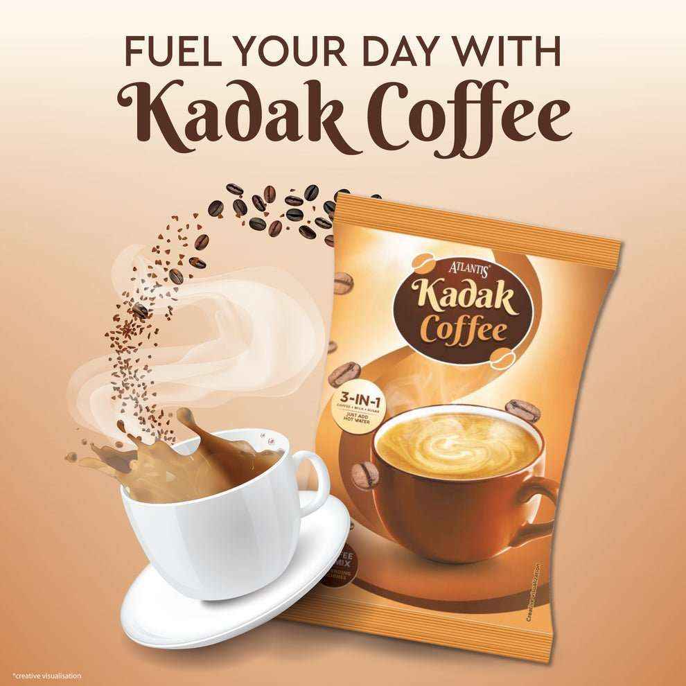 Kadak 3-in-1 coffee premix packet with a white cup of creamy coffee and coffee beans illustration