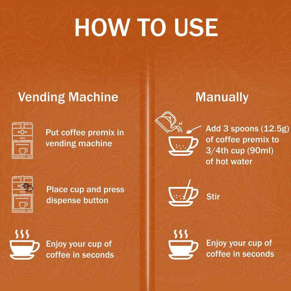 How to use Kadak 3-in-1 coffee premix with vending machine or manually with hot water instructions