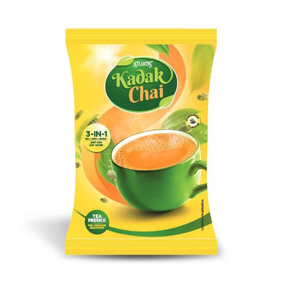 Atlantis kadak tea 1kg packet with 3-in-1 tea premix and green cup filled with tea