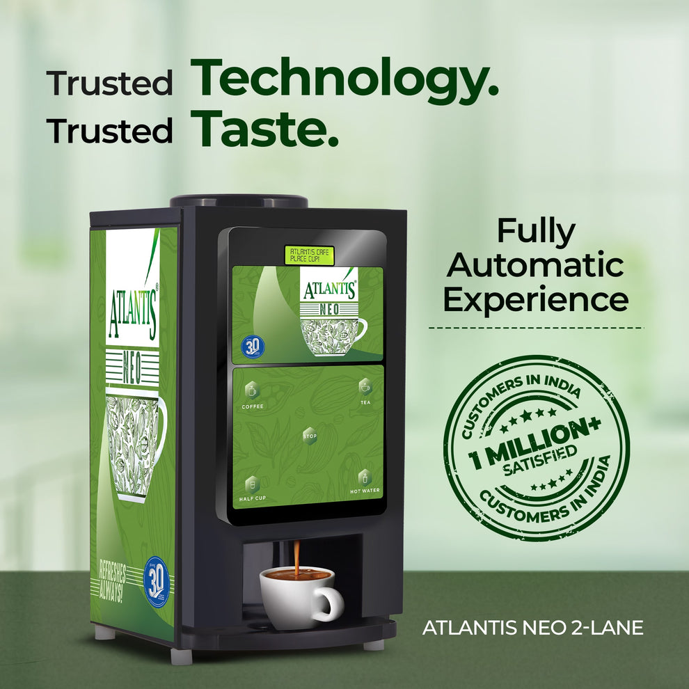 Atlantis Neo 2 coffee vending machine by COFFEE WALLA with fully automatic experience and green panel