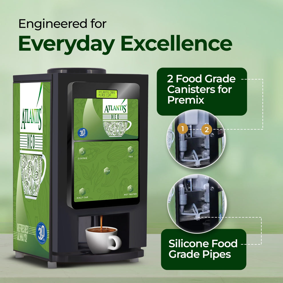 Atlantis Neo 2 coffee vending machine by COFFEE WALLA with dual food grade canisters and silicone pipes