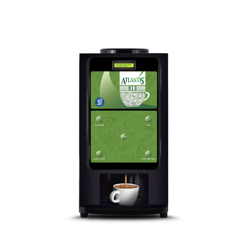 COFFEE WALLA Atlantis Neo 2 coffee vending machine in black dispensing coffee into a white cup