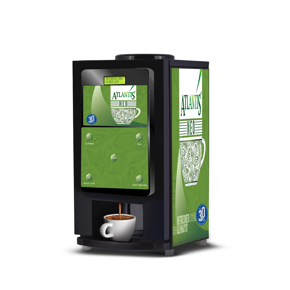COFFEE WALLA Atlantis Neo 2 coffee vending machine with green display and coffee cup dispenser