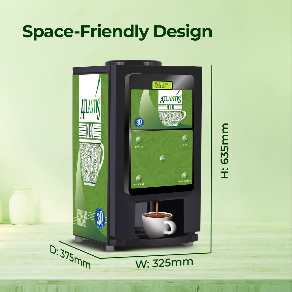 Atlantis Neo 2 coffee vending machine in black and green with space-friendly compact design