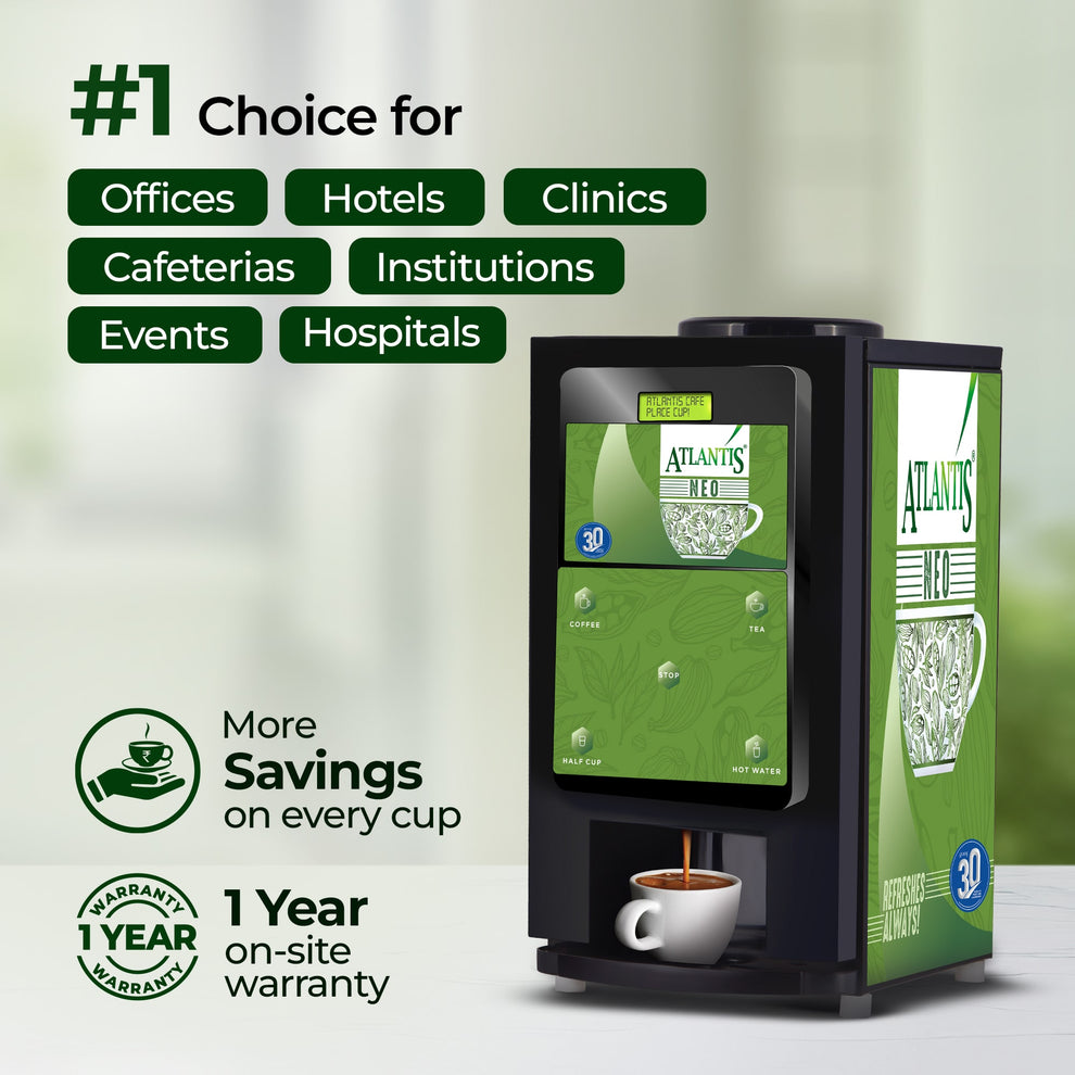 Atlantis Neo 2 coffee vending machine by COFFEE WALLA dispensing coffee into a white cup