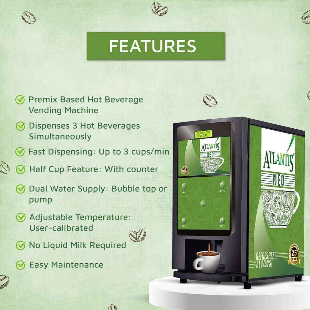 Neo 3 Lane vending machine price with premix hot beverage features dispensing three drinks fast and easy maintenance