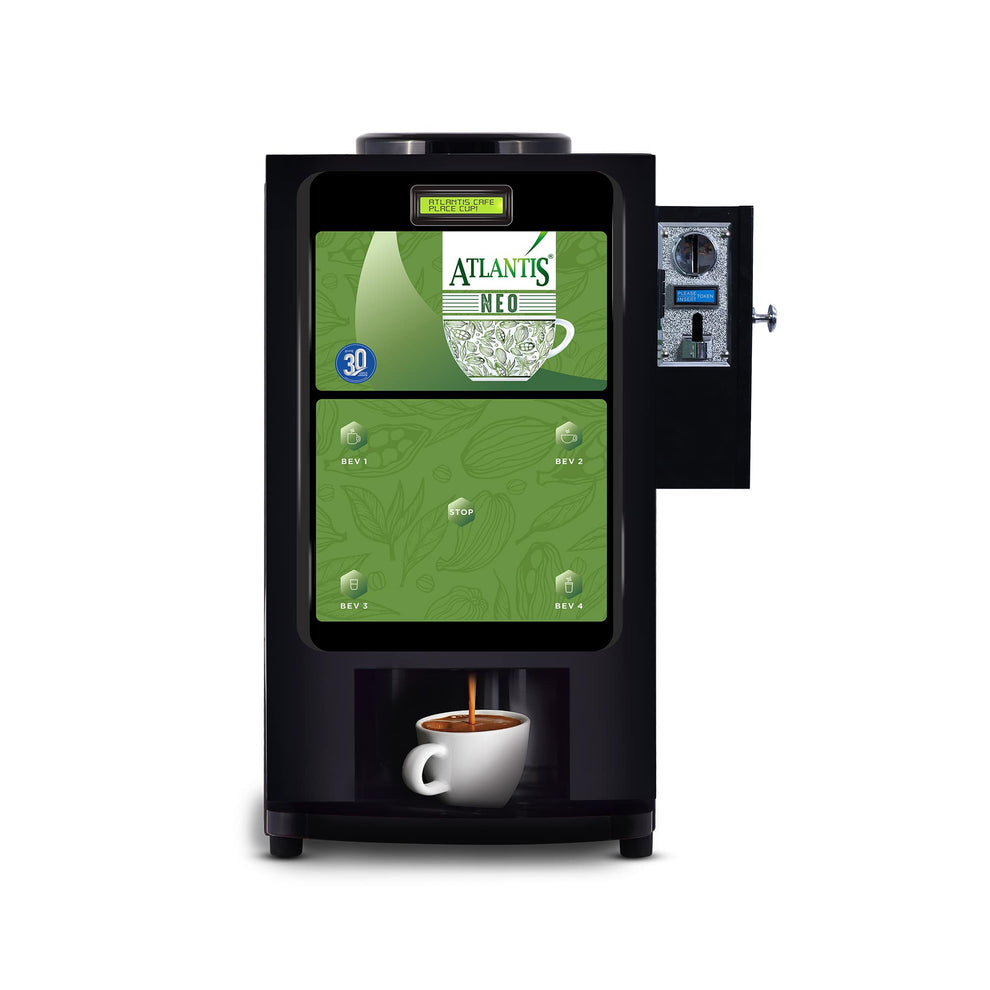 Atlantis Neo vending machine Delhi dispensing hot coffee with cup below the dispenser in black design