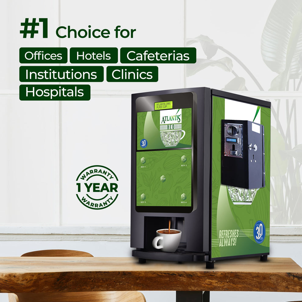 Atlantis Neo vending machine Delhi in green and black on wooden table for offices and hotels