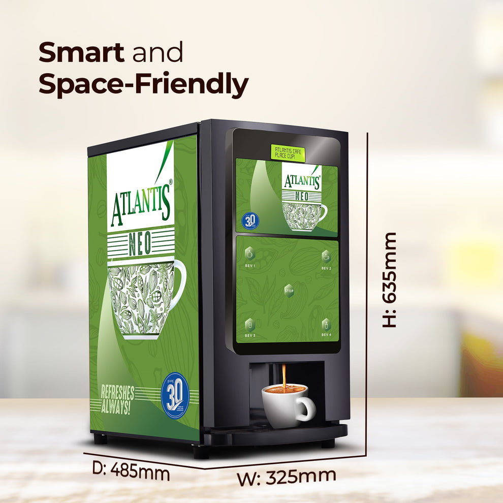 Atlantis Neo vending machine Delhi smart and space friendly tea and coffee vending machine with cup and measurements
