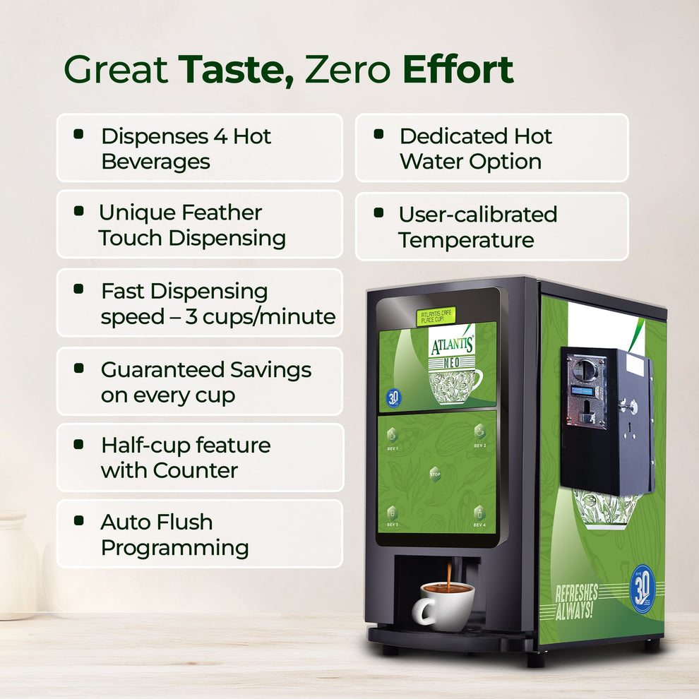 Atlantis Neo vending machine Delhi dispensing four hot beverages with user-calibrated temperature and fast dispensing speed