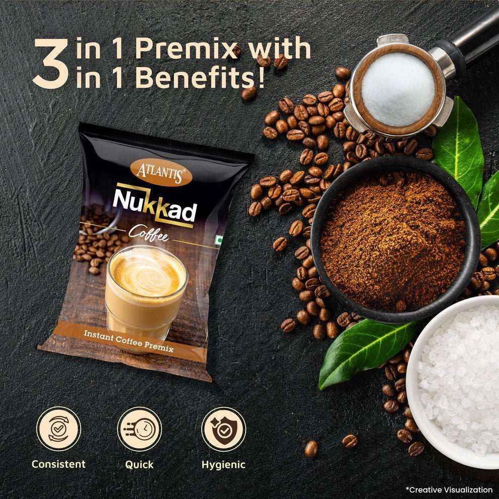 Atlantis Nukkad instant coffee premix 1kg pack with coffee beans and ground coffee displaying quick and hygienic benefits