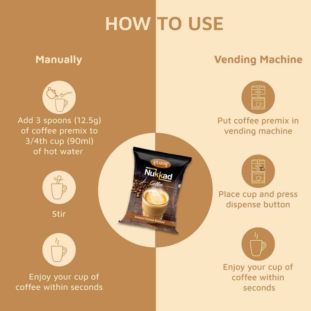 Instructions for using Atlantis Nukkad instant coffee premix 1kg manually and with vending machine