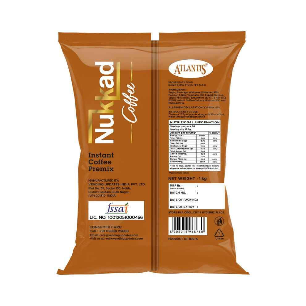 Atlantis Nukkad instant coffee premix 1kg brown packaging with front and back view for instant coffee
