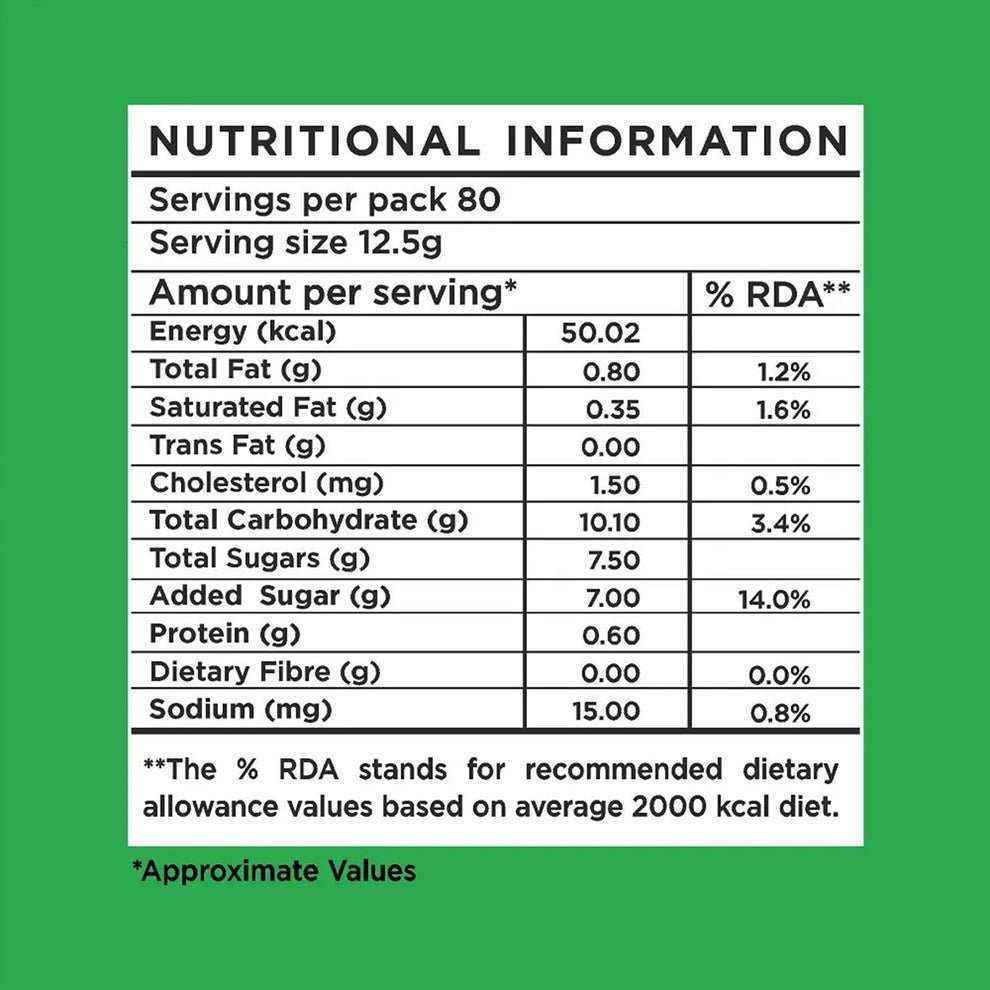 Nutritional information label for nukkad tea premix 1kg showing energy, fat, sugar and protein content