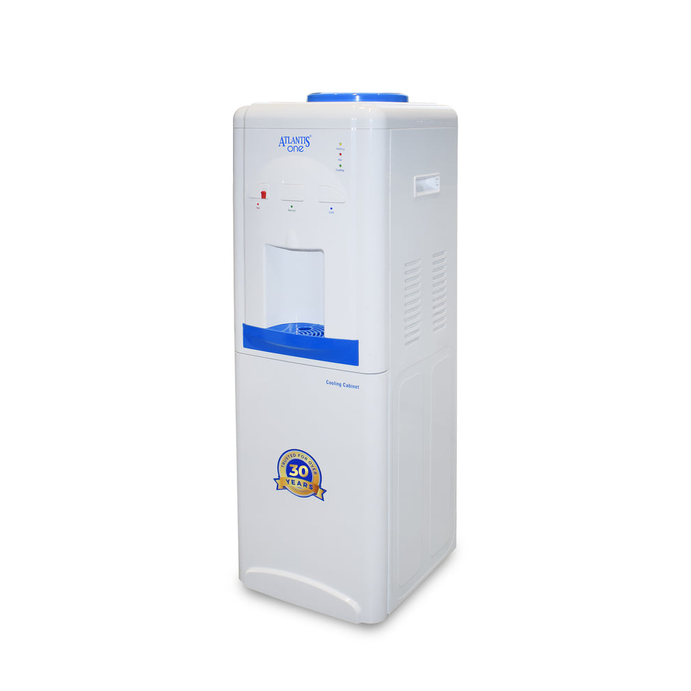 18L cooling cabinet water dispenser in white with blue accents and compact design for office or home use