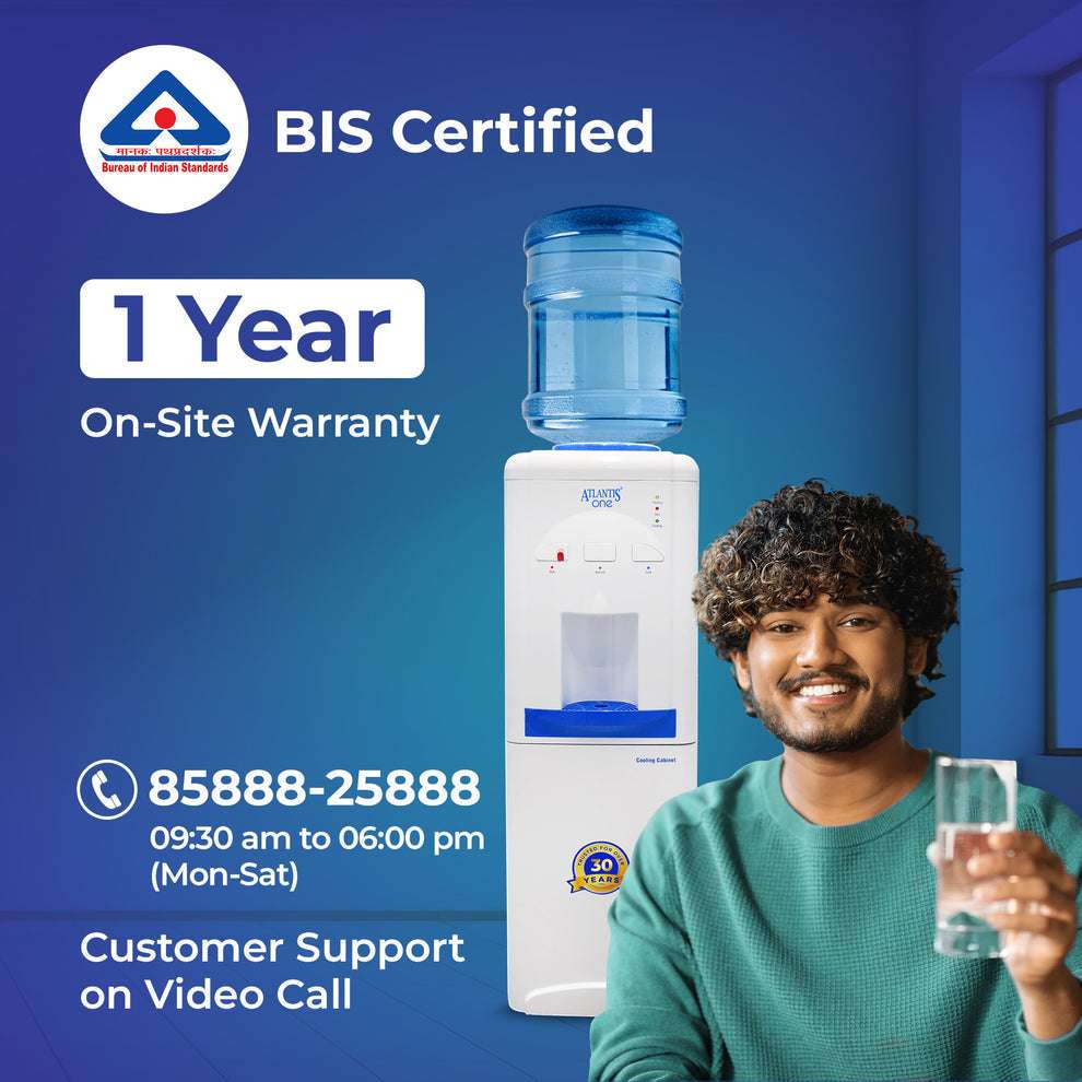 18L cooling cabinet water dispenser with BIS certification and one year on-site warranty displayed next to smiling man holding a glass of water