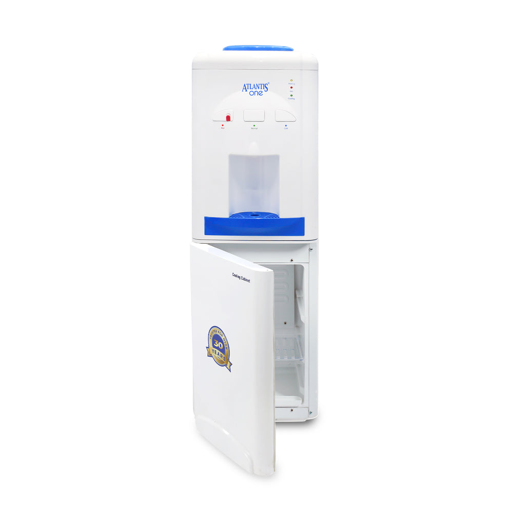 18L cooling cabinet water dispenser in white with blue accents and an open lower cabinet for storage