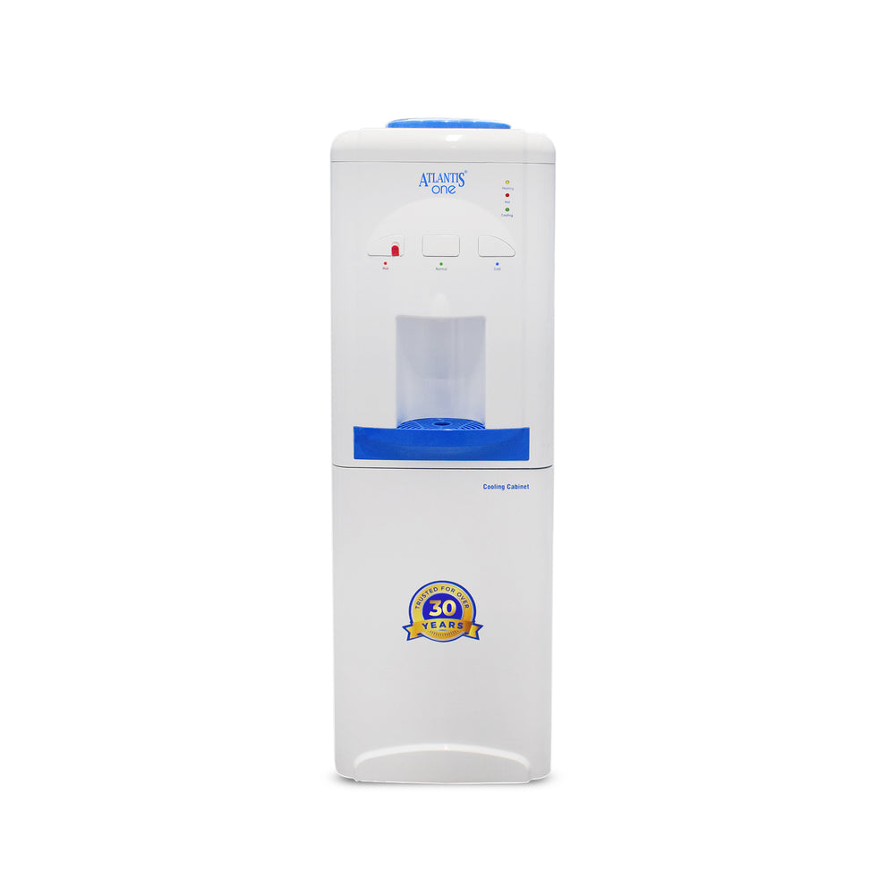 White Atlantis One 18L cooling cabinet water dispenser with blue accents and dual taps