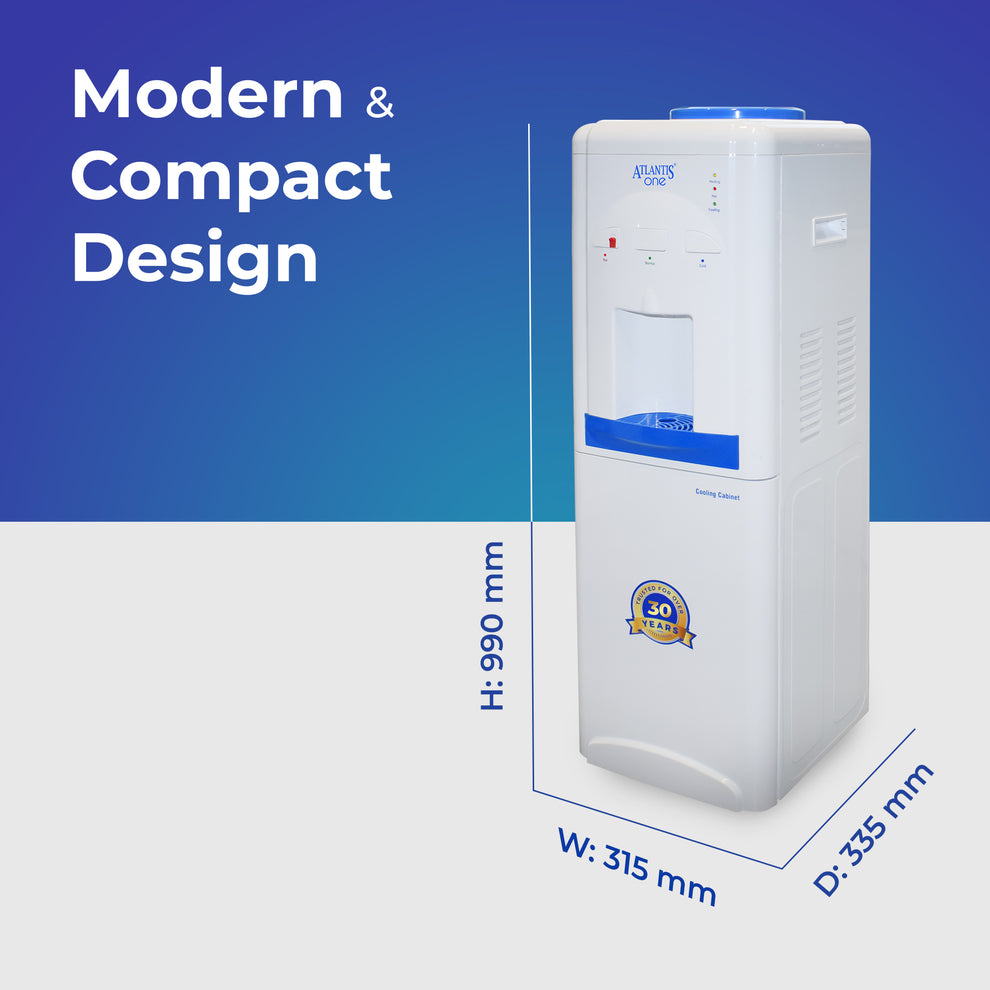 Modern and compact 18L cooling cabinet water dispenser with white and blue design and dimensions