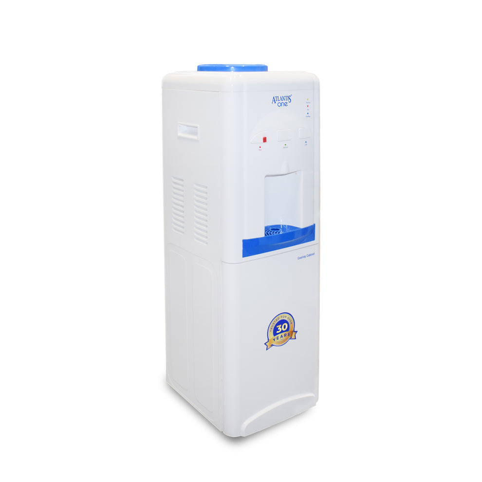 White 18L cooling cabinet water dispenser with blue accents from Tea coffee vending service