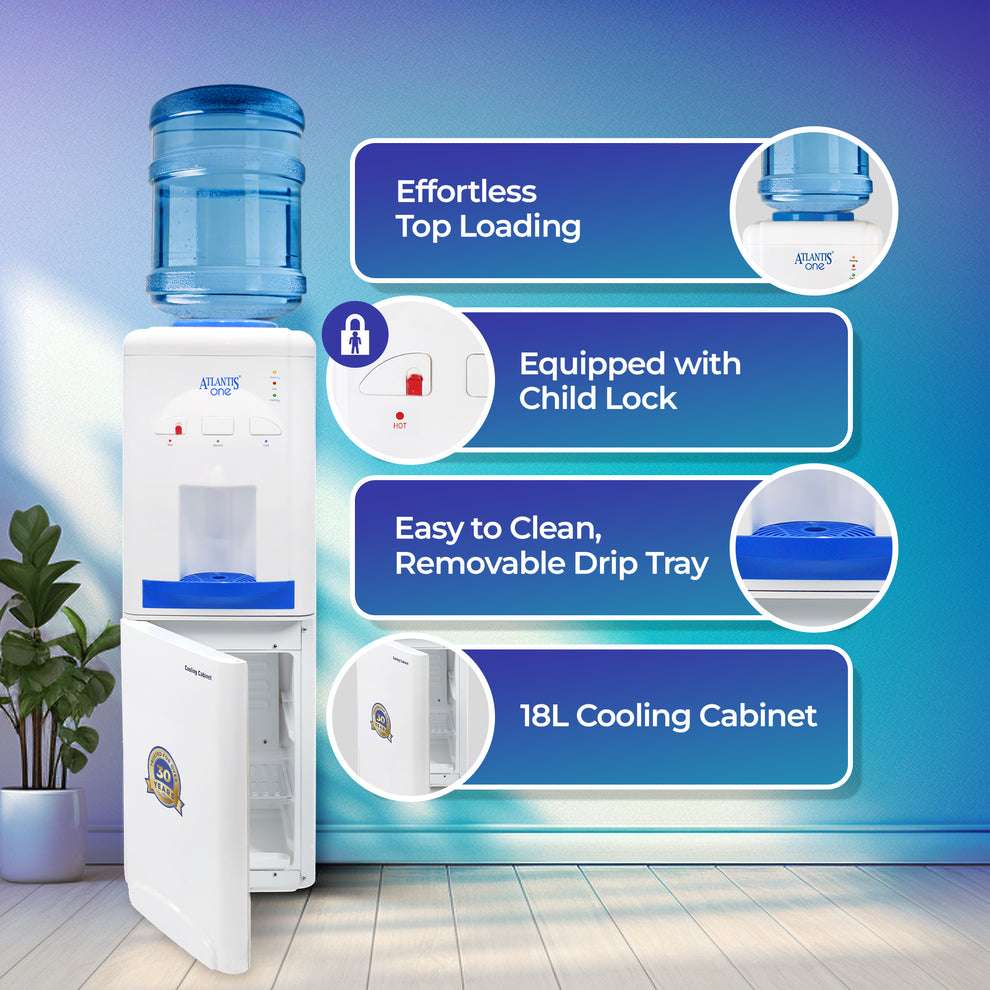 18L cooling cabinet water dispenser with top loading, child lock, removable drip tray, and cooling cabinet door open