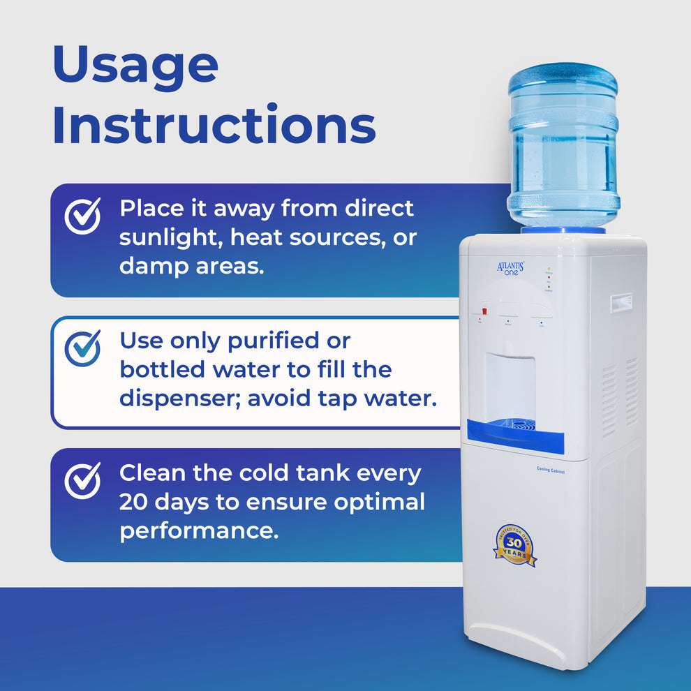 18L cooling cabinet water dispenser with water bottle on top and usage instructions for maintenance