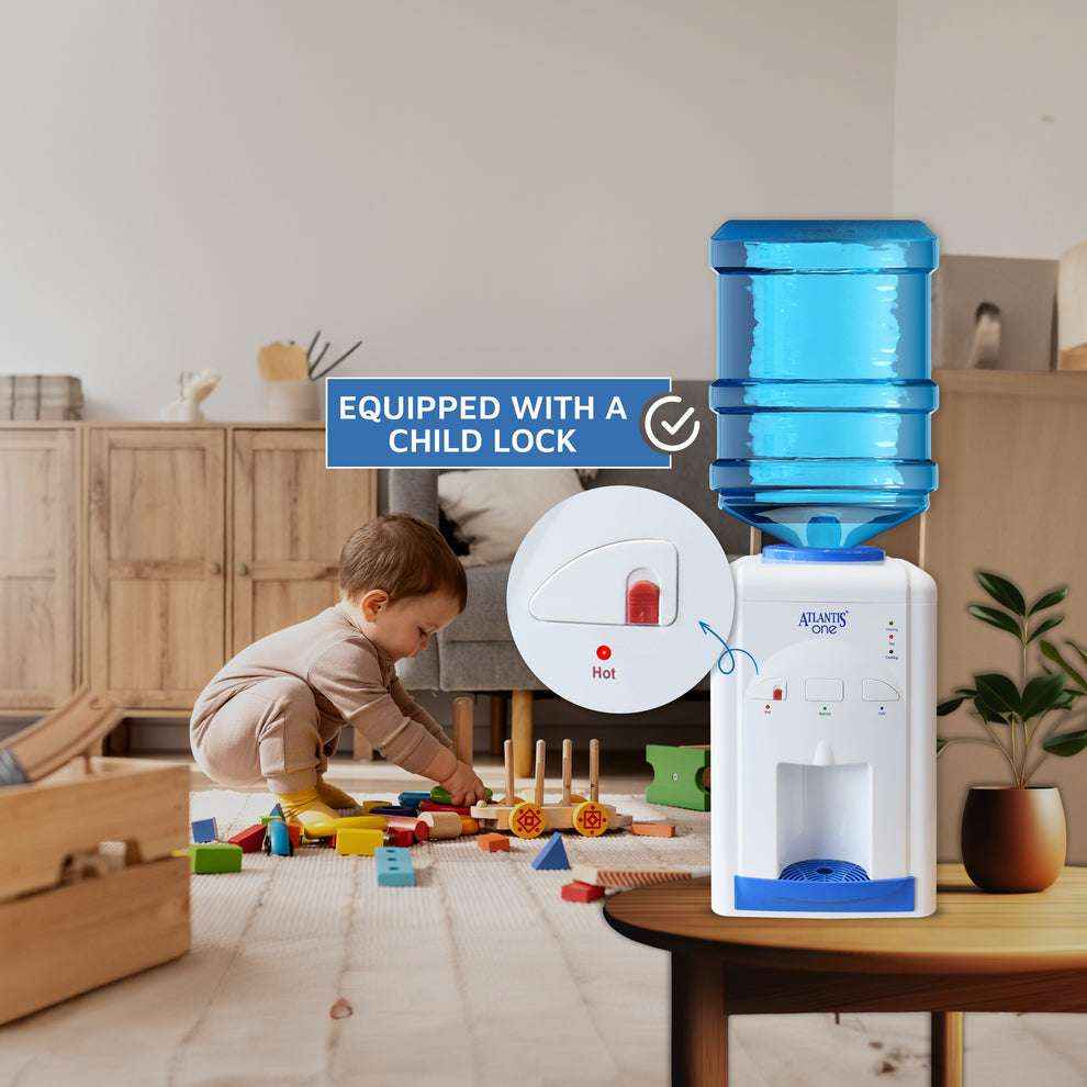 Atlantis One water dispenser with child lock feature in a home setting near a child playing with toys