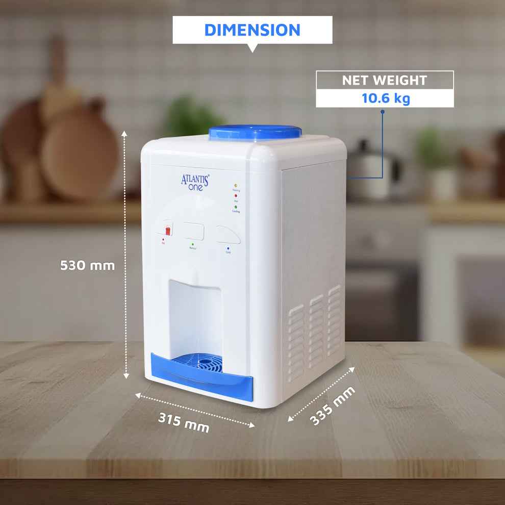 Atlantis One water dispenser in white with blue accents showing dimensions and weight on wooden table