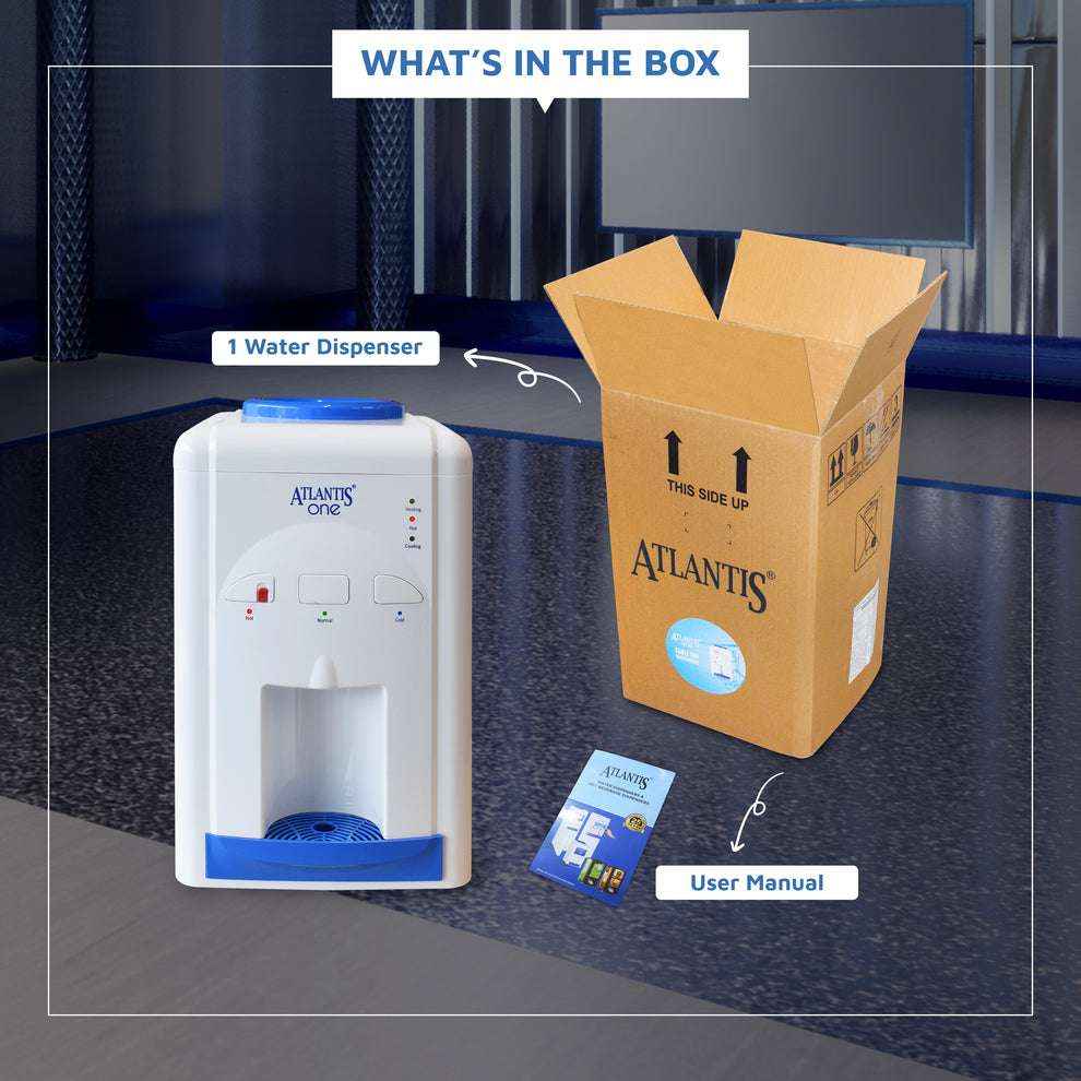 Atlantis One water dispenser with open box and user manual displayed on a dark surface
