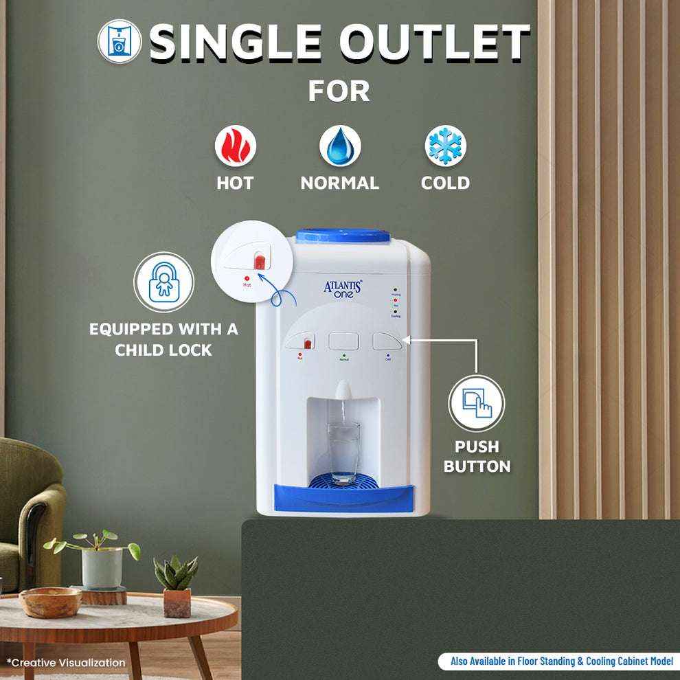 Atlantis One water dispenser single outlet with hot normal cold water options and child lock