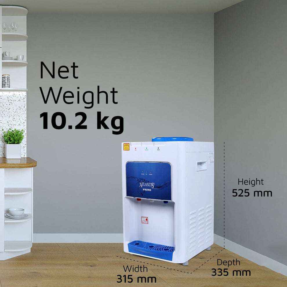 Compact Atlantis Prime water cooler in white and blue showing dimensions width 315 mm depth 335 mm height 525 mm net weight 10.2 kg buy Atlantis Prime water cooler
