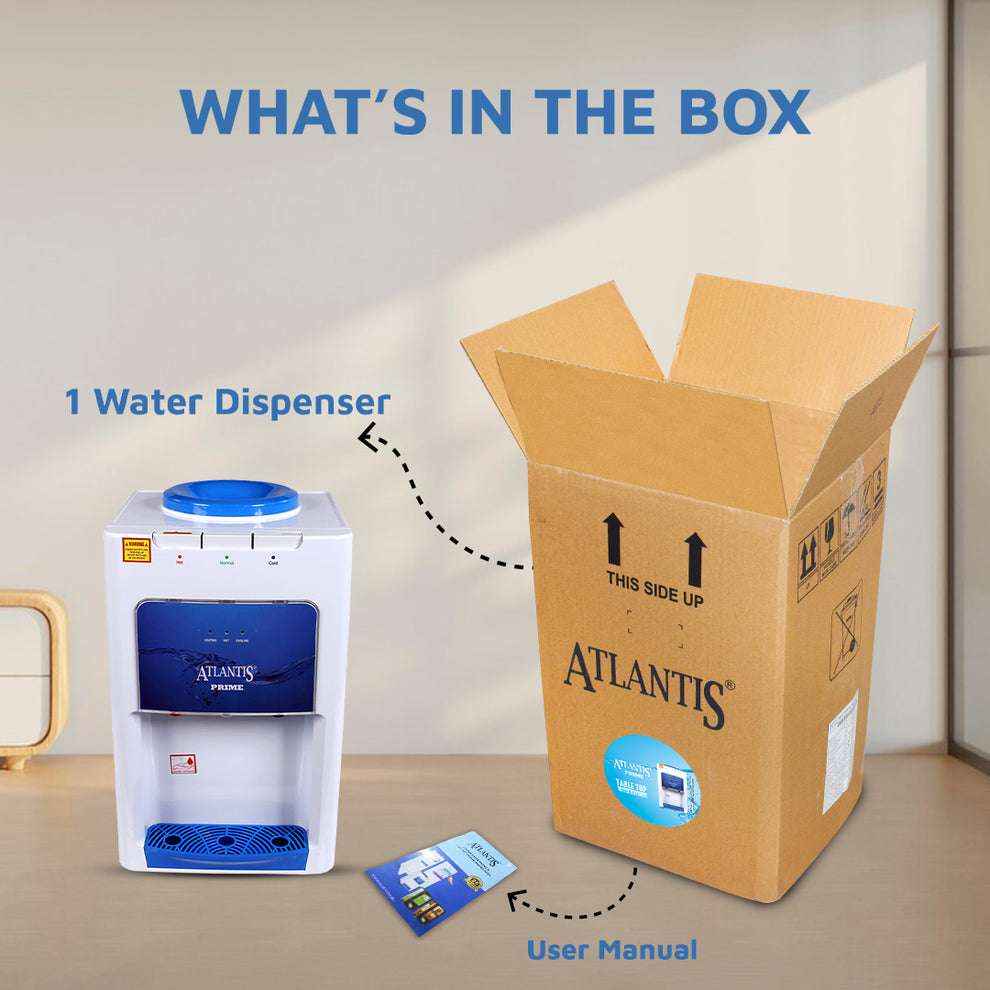 Box contents showing Atlantis Prime water cooler dispenser and user manual for buy Atlantis Prime water cooler