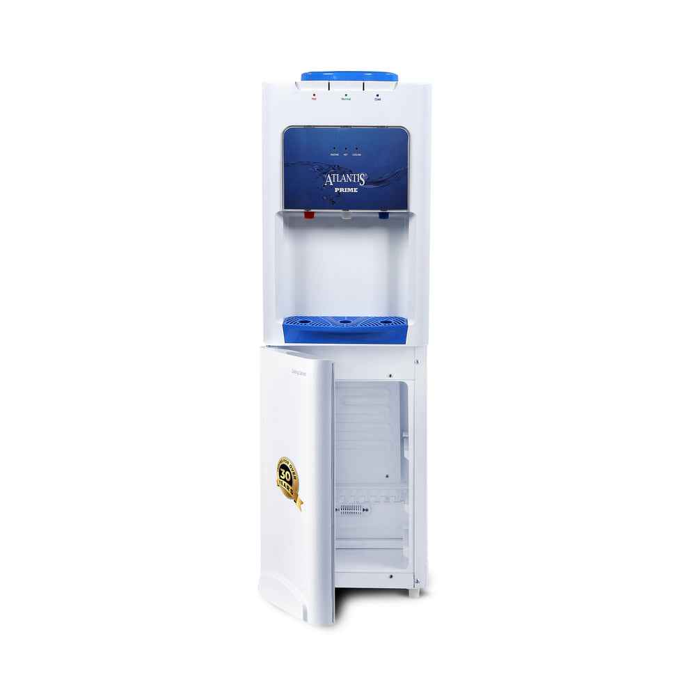 Atlantis Prime water dispenser Cooling Cabinet 3 Taps with white body and open cooling compartment