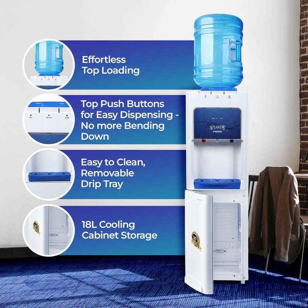 Atlantis Prime water dispenser Cooling Cabinet 3 Taps with effortless top loading and 18L cooling cabinet storage