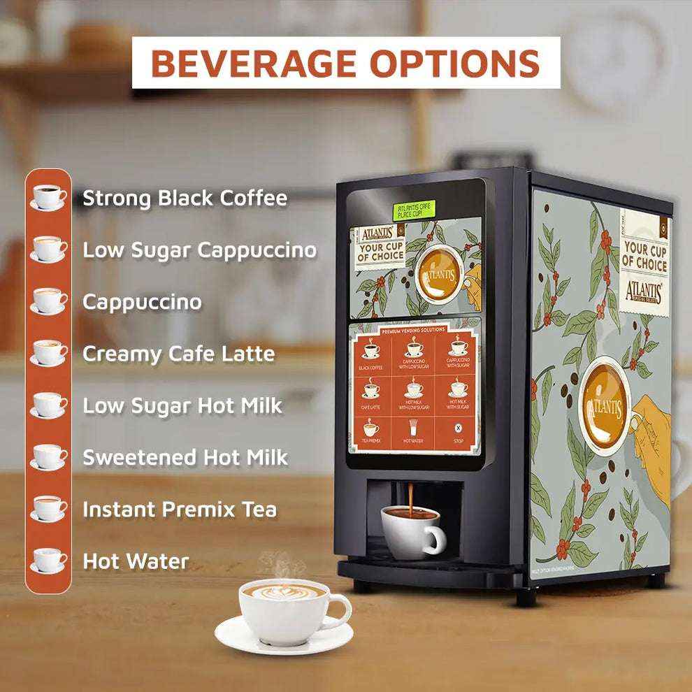 Atlantis Select 7option tea coffee vending machine price coffee walla showing beverage options including coffee and tea