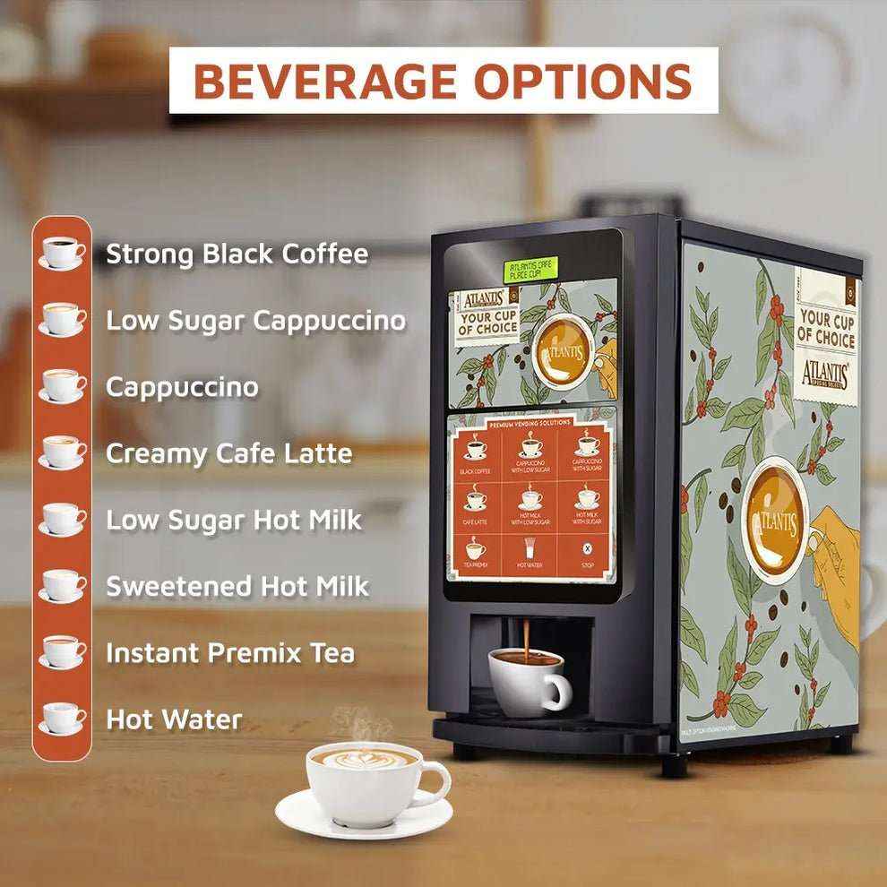 Atlantis select 7option tea coffee vending machine price coffee walla with multiple beverage options including coffee and tea