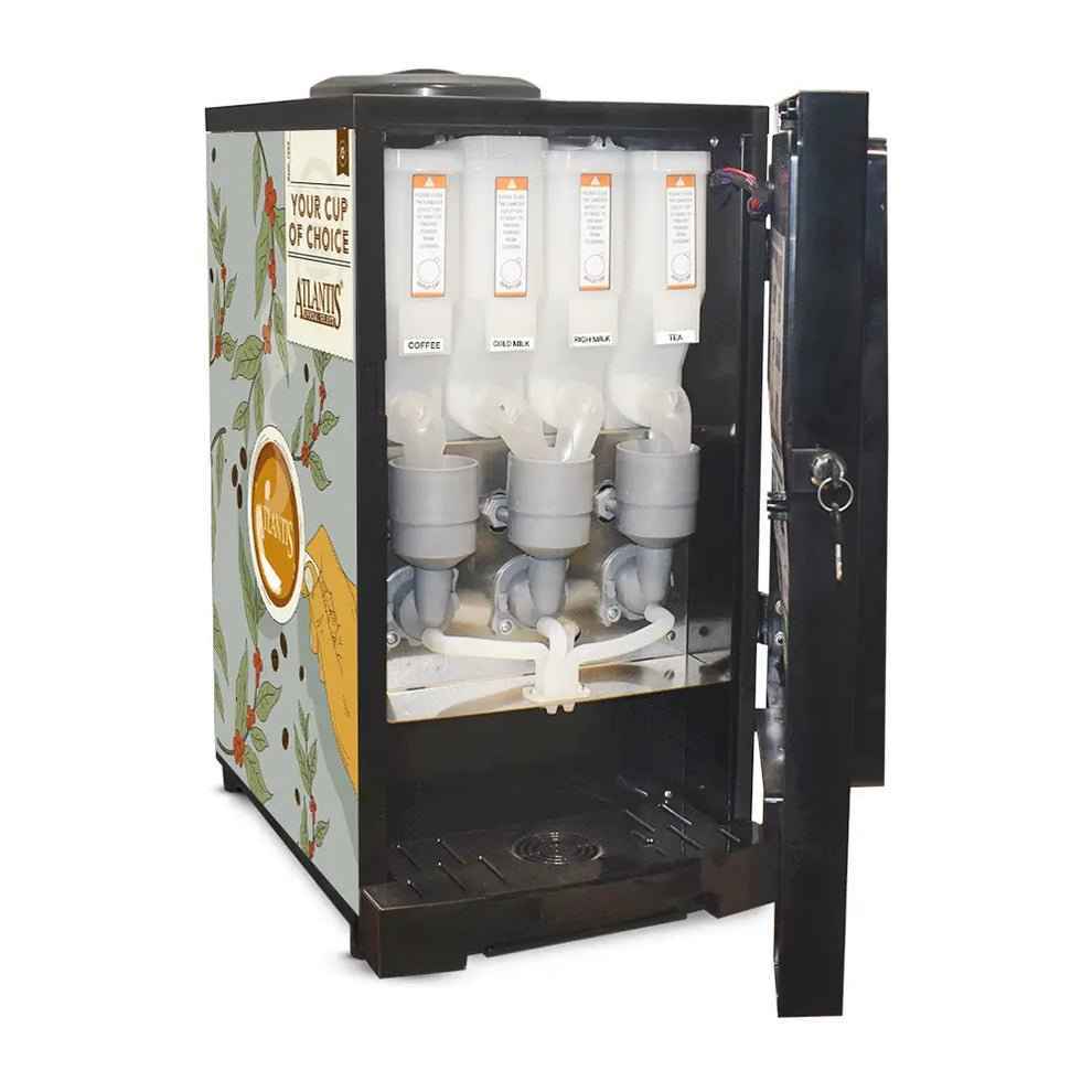 Atlantis Select 7option tea coffee vending machine price coffee walla with multiple beverage compartments and open black door