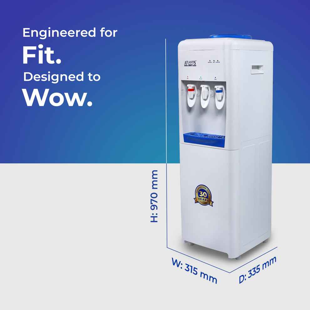 Atlantis sky Floor Standing Water Dispenser with Hot & Cold taps in white with dimensions