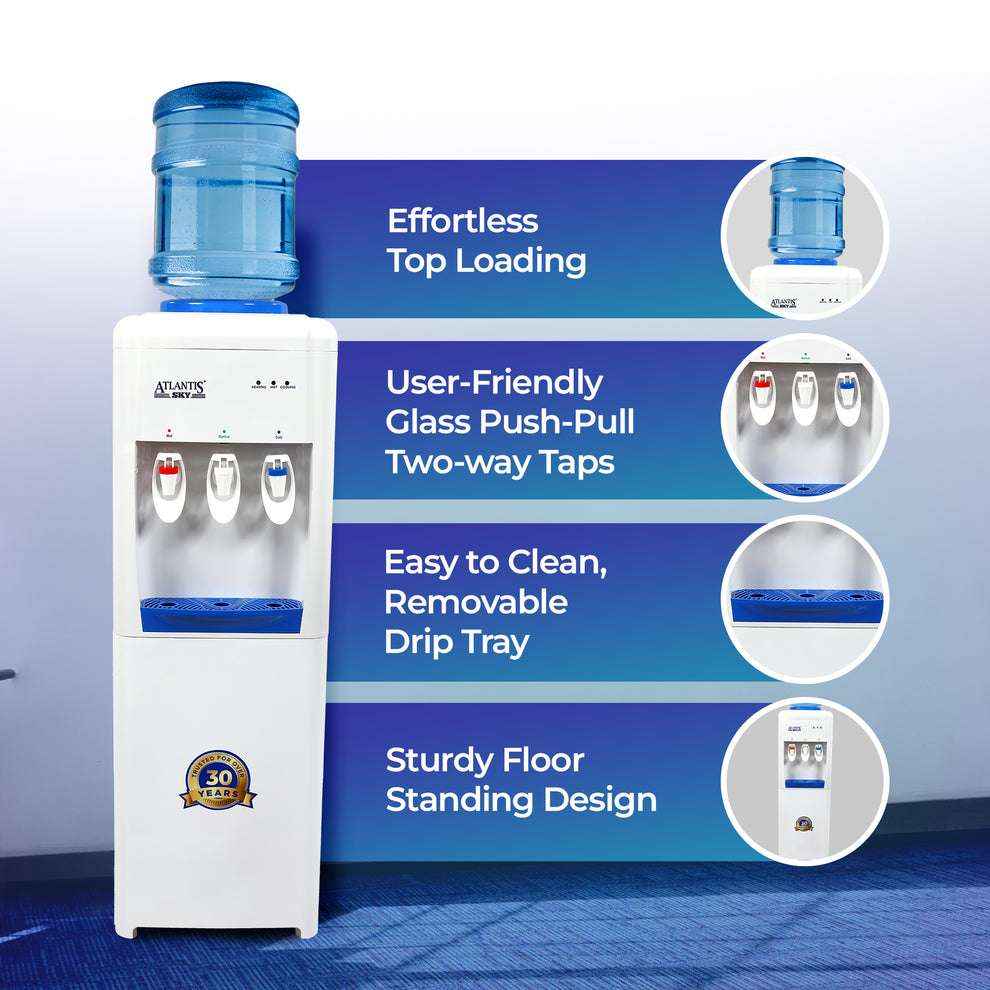 Atlantis sky Floor Standing Water Dispenser with Hot & Cold features top loading and two-way glass push-pull taps