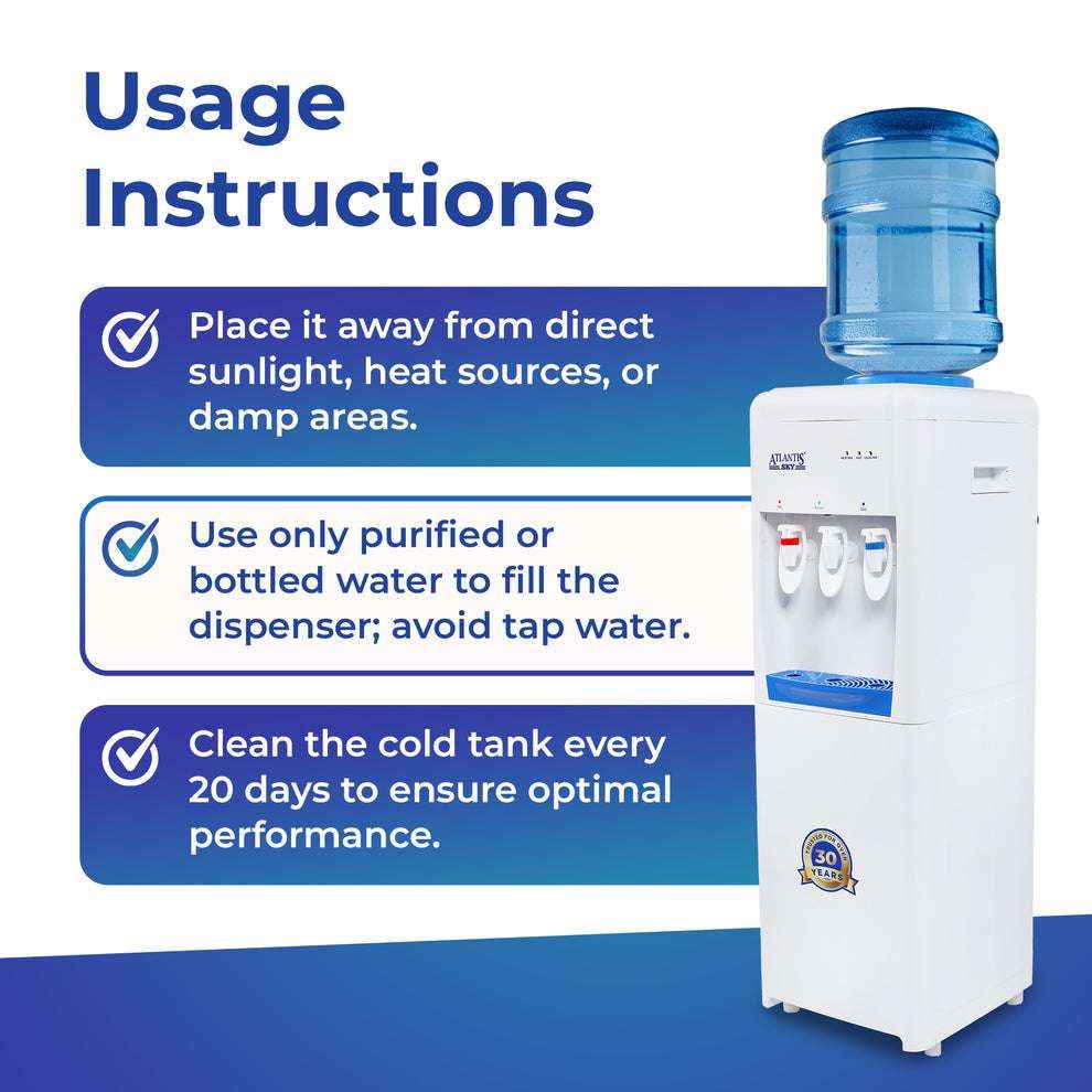 Atlantis sky Floor Standing Water Dispenser with Hot and Cold water with usage instructions