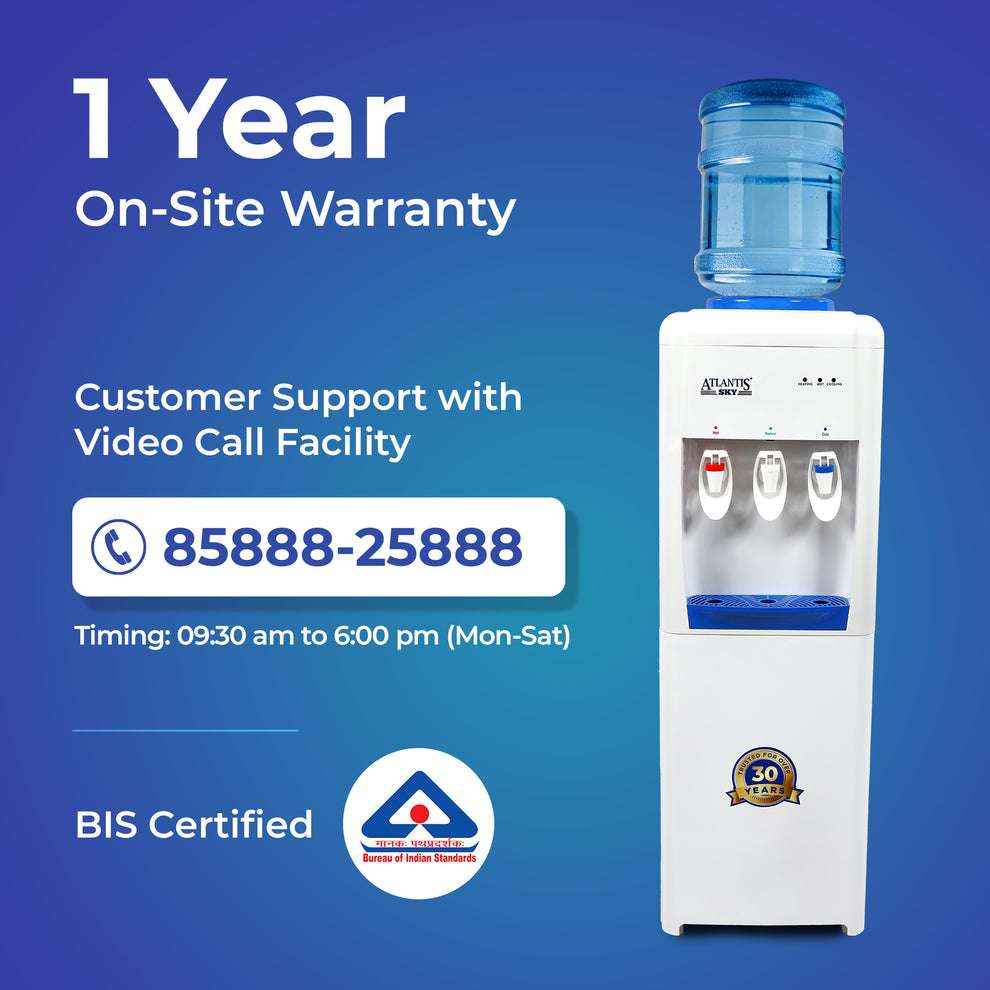 Atlantis sky Floor Standing Water Dispenser with Hot and Cold water taps and blue water bottle on top