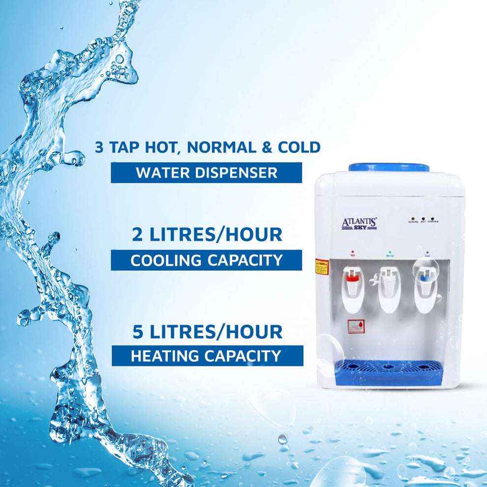 ATLANTIS SKY water dispenser with 3 taps for hot normal and cold water heating 5 litres cooling 2 litres per hour