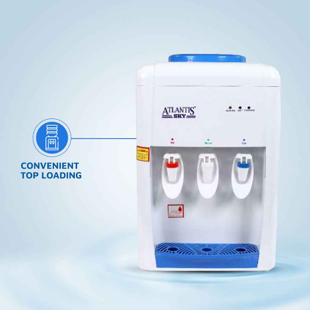 ATLANTIS SKY water dispenser with convenient top loading and three faucet taps in white and blue