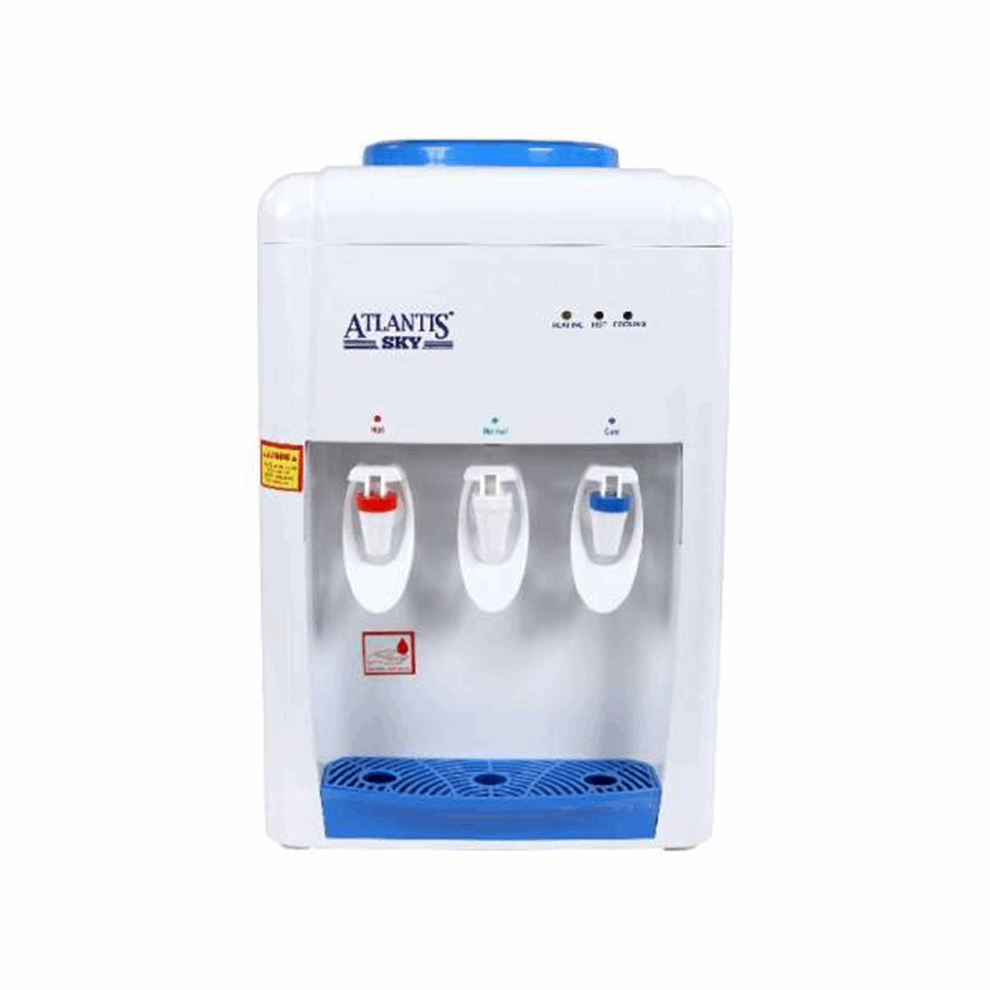 ATLANTIS SKY water dispenser white and blue tabletop model with three taps for hot cold and regular water