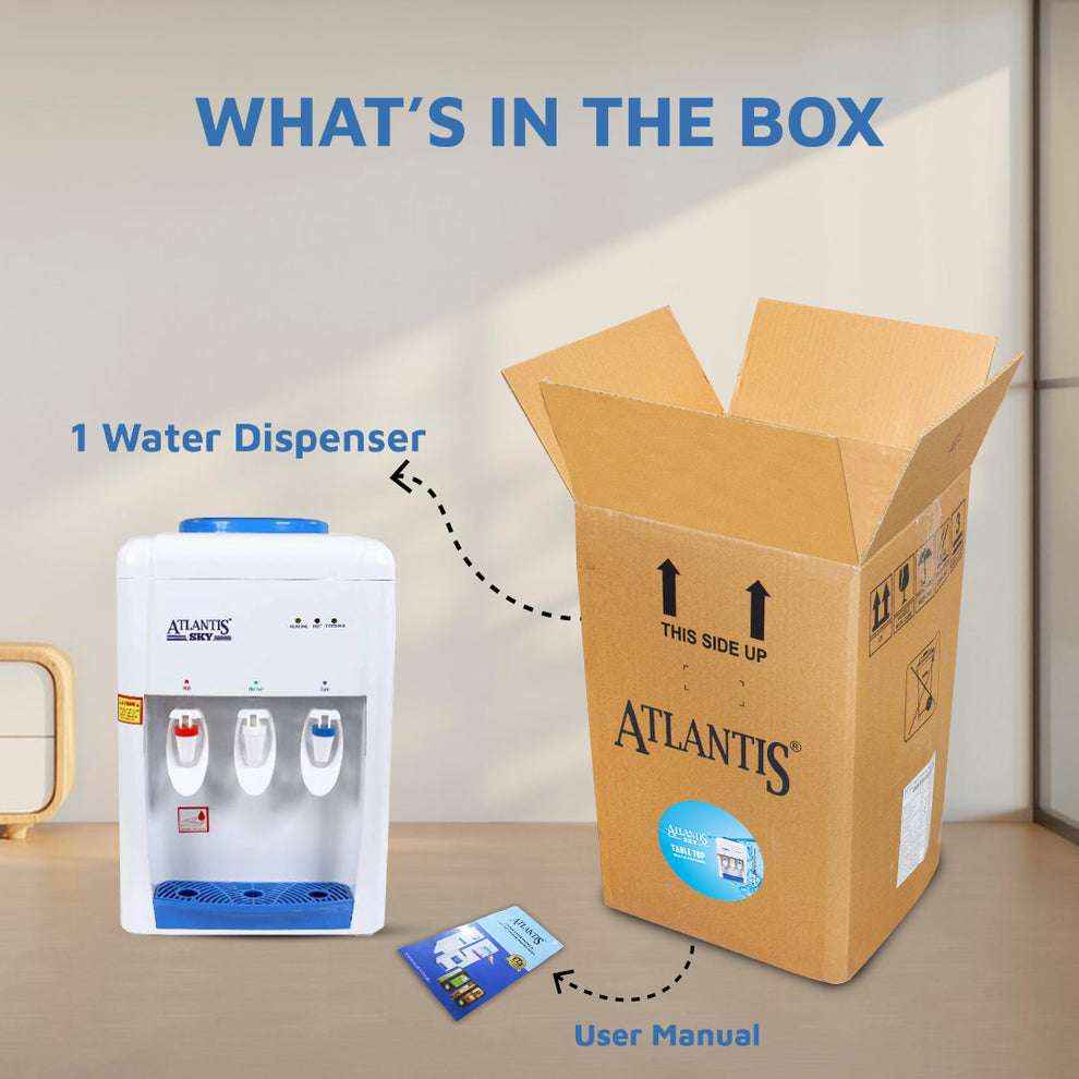 ATLANTIS SKY water dispenser with three taps next to an ATLANTIS branded cardboard box and user manual