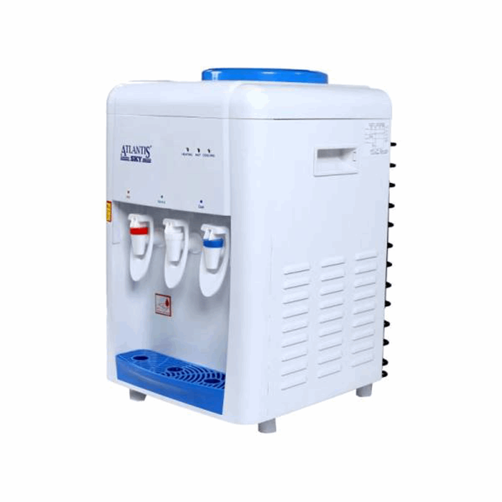 ATLANTIS SKY water dispenser with three taps for hot, cold, and room temperature water