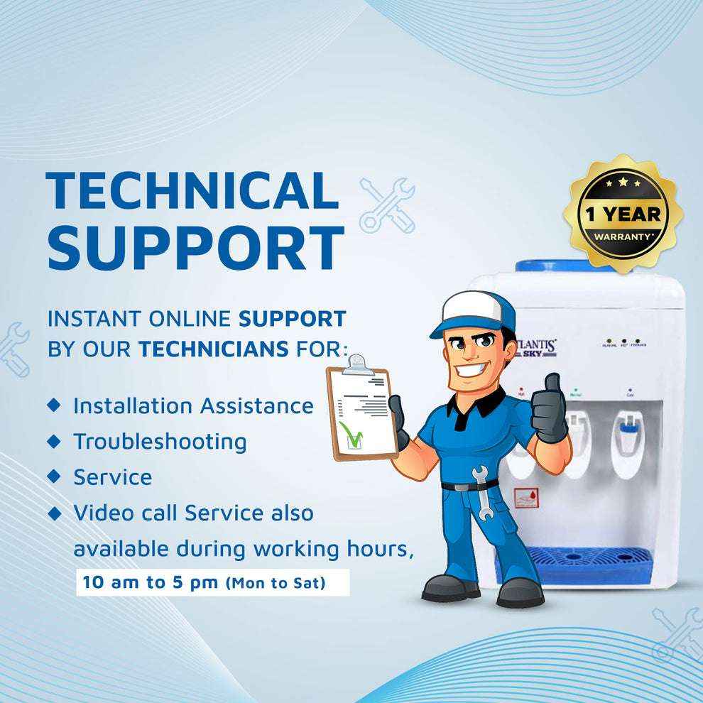 ATLANTIS SKY water dispenser with technician character offering technical support and one year warranty badge
