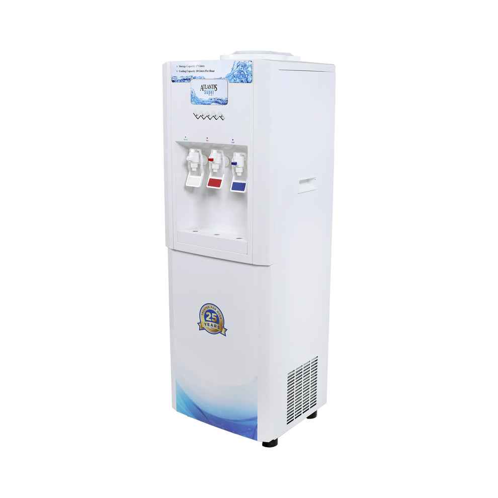 White Atlantis super water dispenser with three taps for hot, cold, and room temperature water